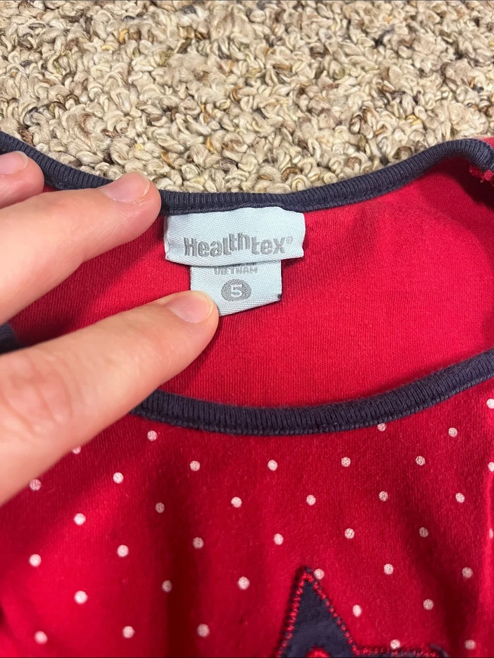 🍀6/$20 Healthtex Red Polka Dot and stars Dress with Navy Trim